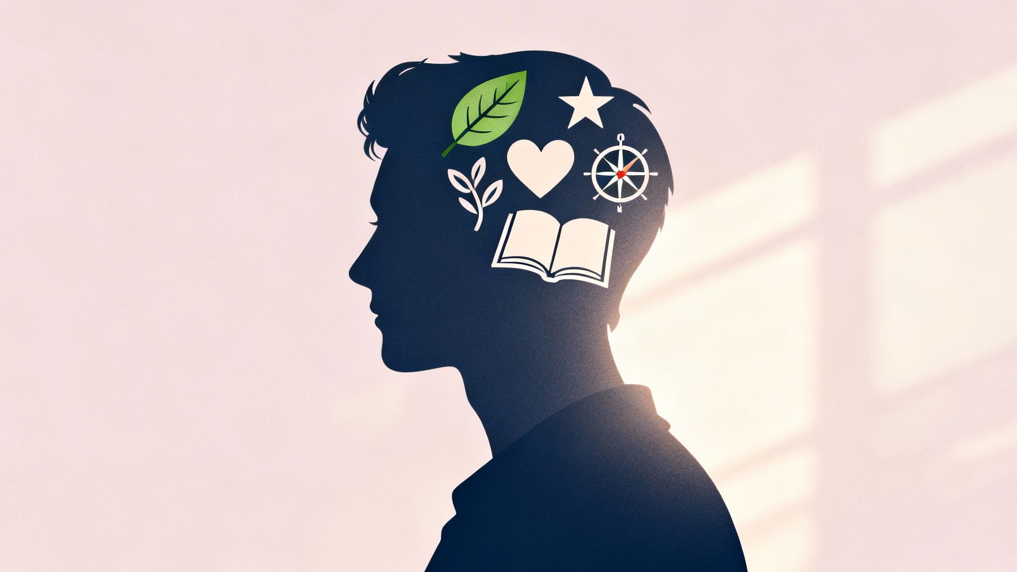 A person's head silhouette filled with symbols: leaf, heart, star, compass, sprout, and book.