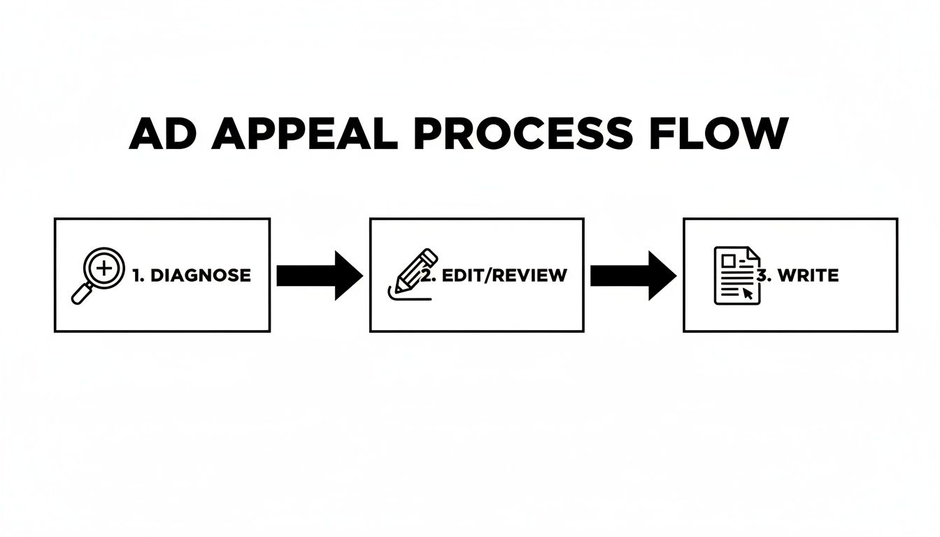 A flowchart visually outlining the ad appeal process flow with three steps: diagnose, edit/review, and write.