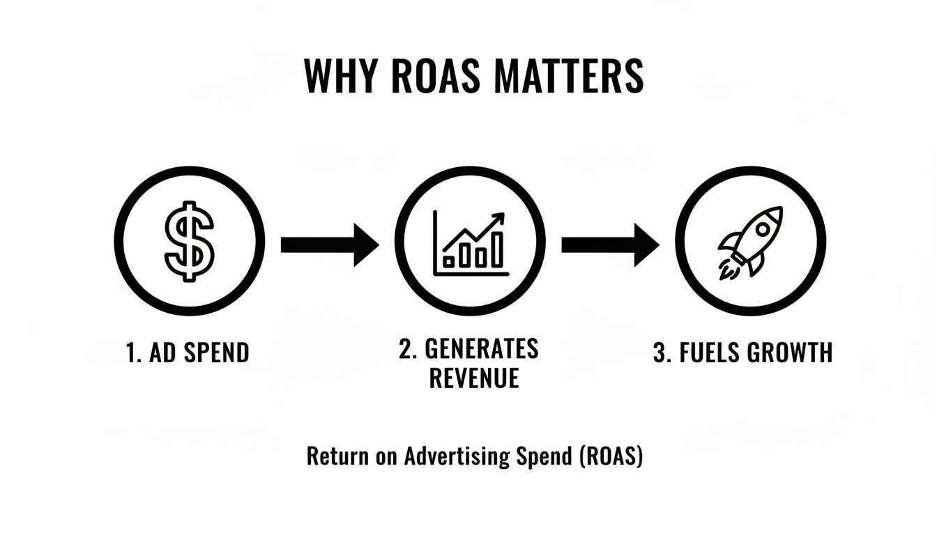 Diagram showing the ROAS process: ad spend generates revenue which fuels business growth.