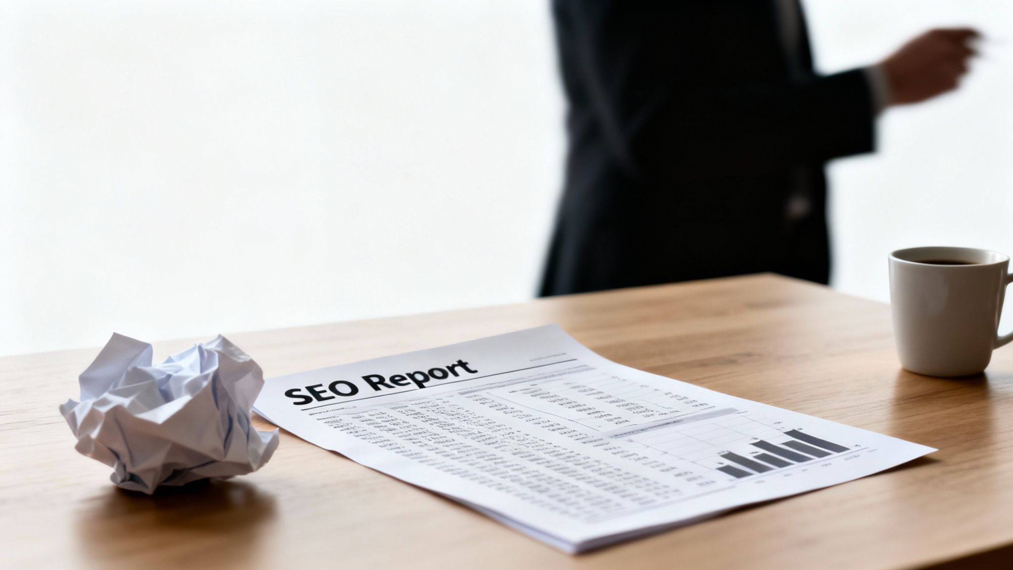 SEO report on a desk with crumpled paper and a coffee mug, and a blurred person in the background.