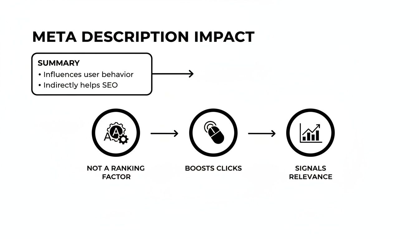 Infographic detailing meta description impact: influences user behavior, boosts clicks, and signals relevance for SEO.