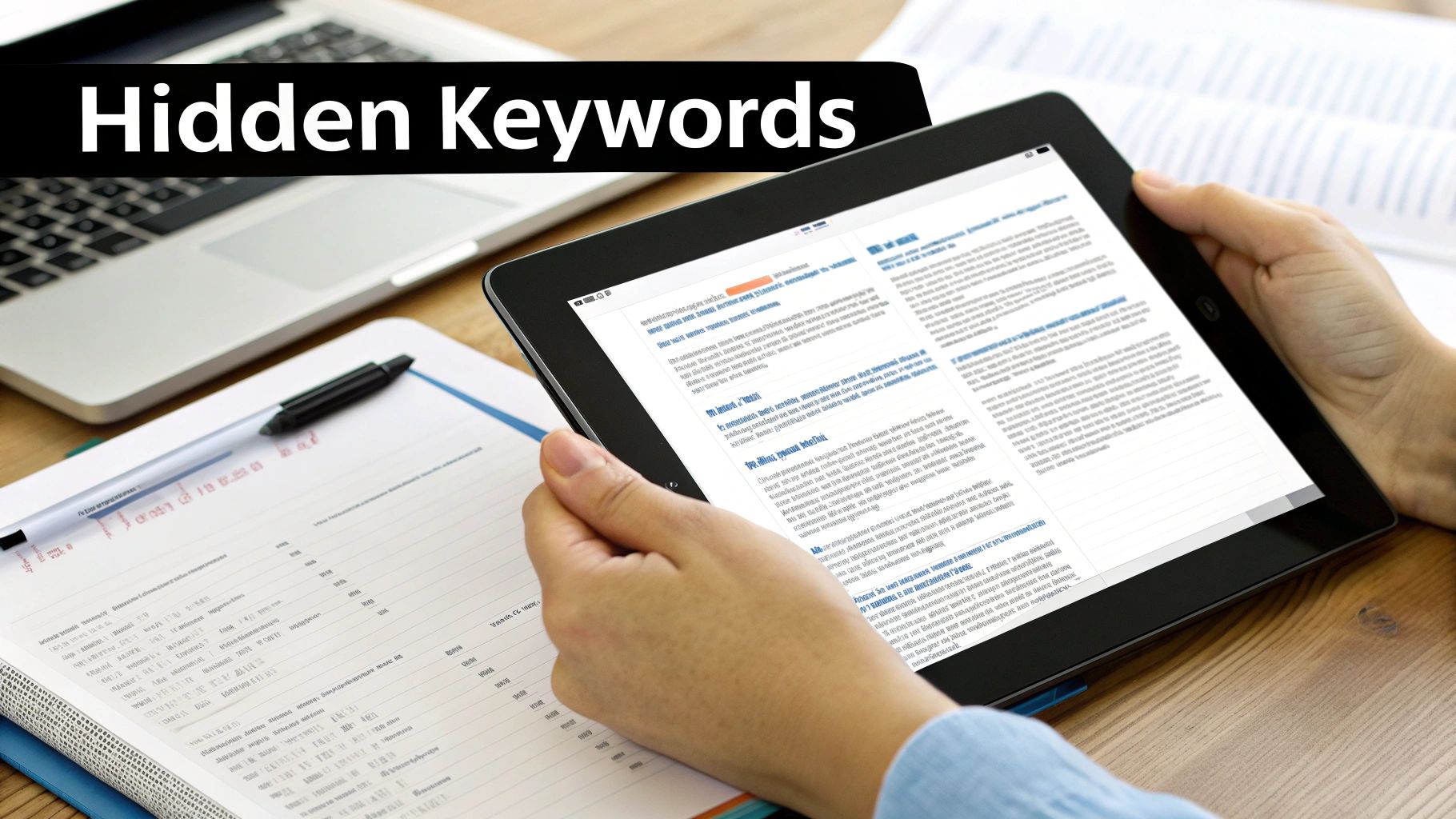A person reads an article about hidden keywords on a tablet, with a laptop and notepad on a desk.