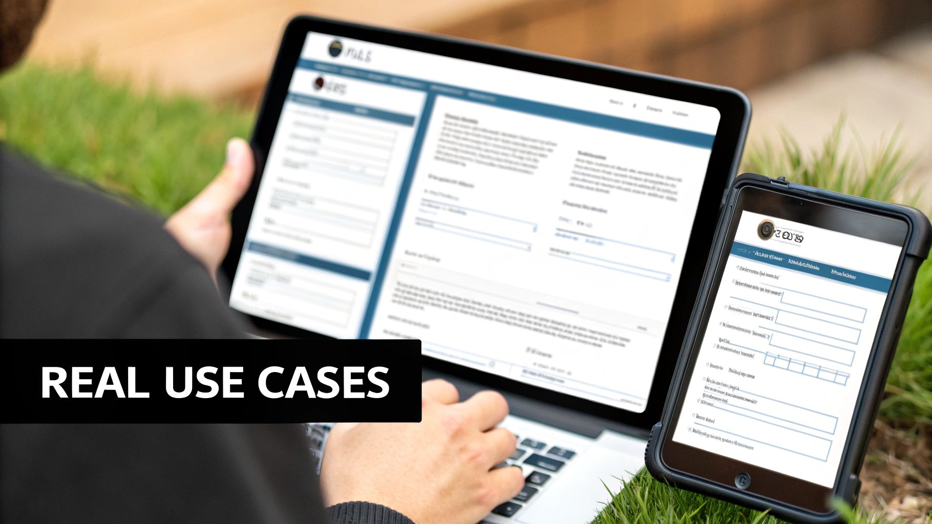 User interacting with a form builder on a laptop and a smartphone, demonstrating real use cases.