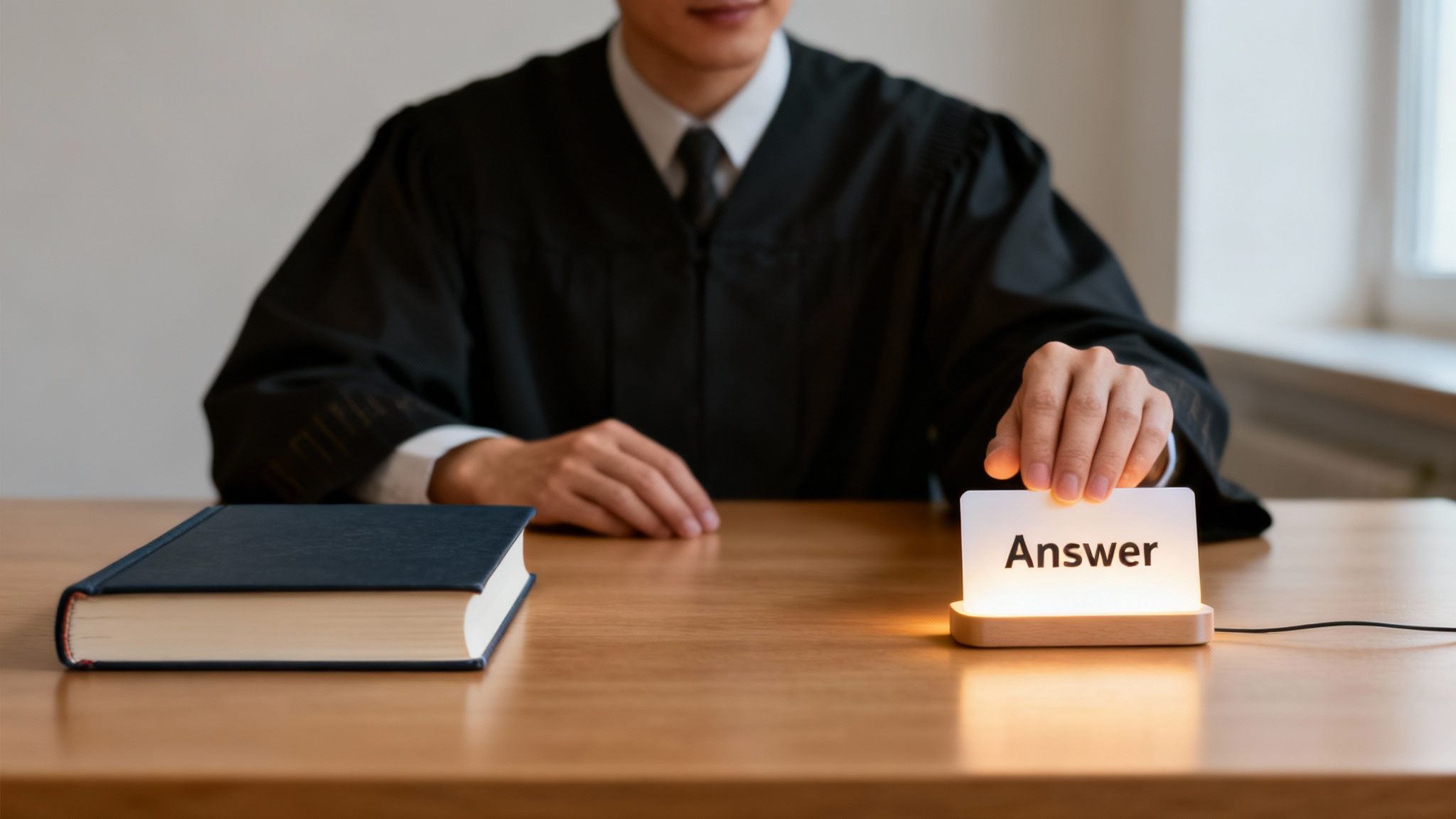 A person in a judicial robe holds an illuminated 'Answer' sign on a wooden desk next to a book.