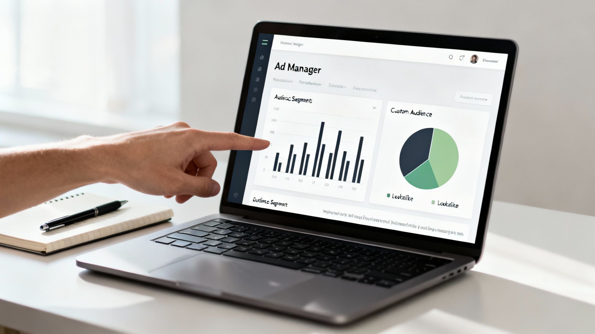Close-up of a hand pointing at a laptop screen displaying marketing analytics and audience data.