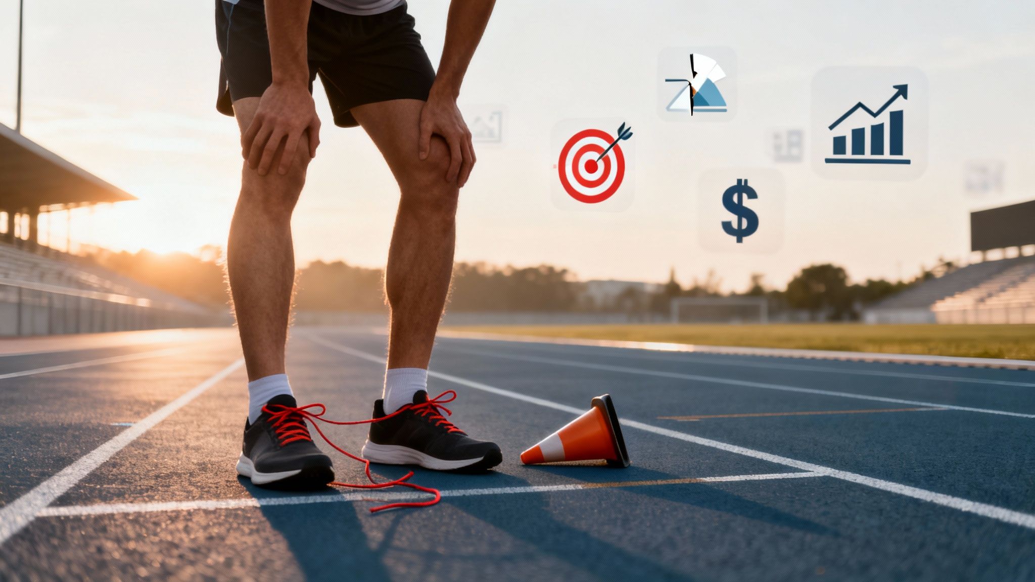 A runner rests on a track at sunset with goal, finance, and growth icons floating above.