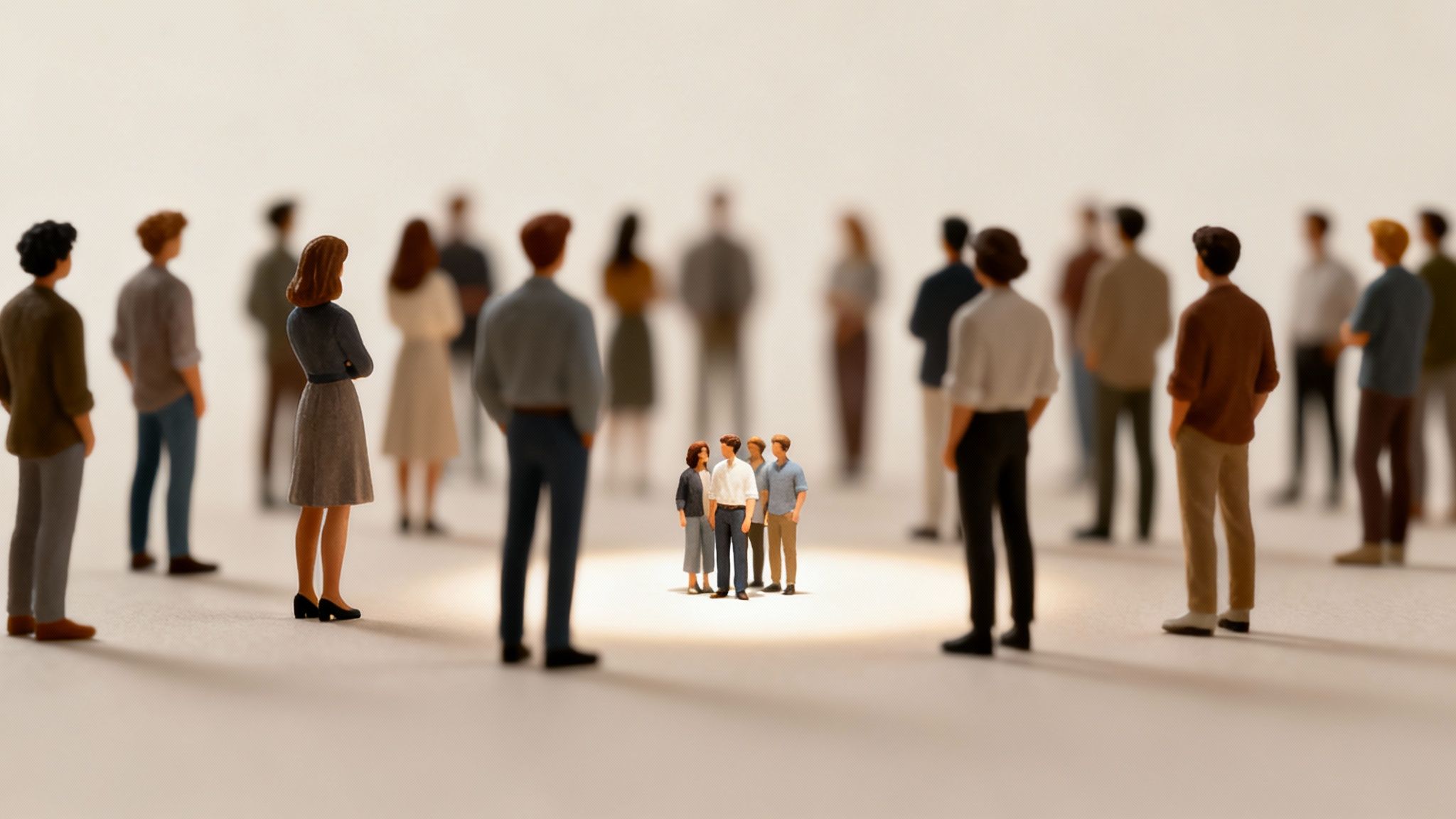 Miniature people figurines, a small group in a spotlight, surrounded by a blurred crowd.
