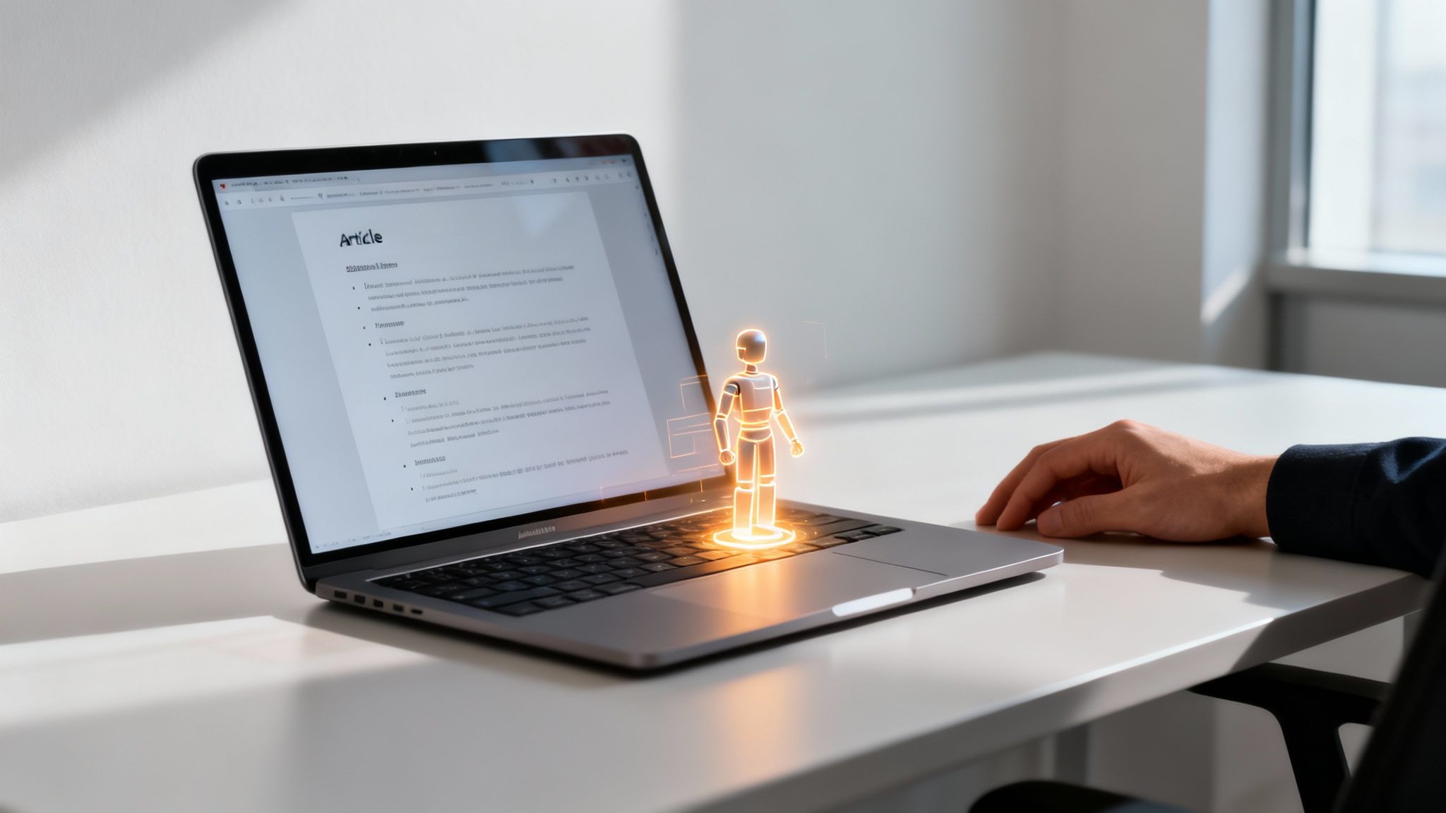 A person's hand rests beside a laptop displaying an article, with a glowing AI robot emerging from the keyboard.