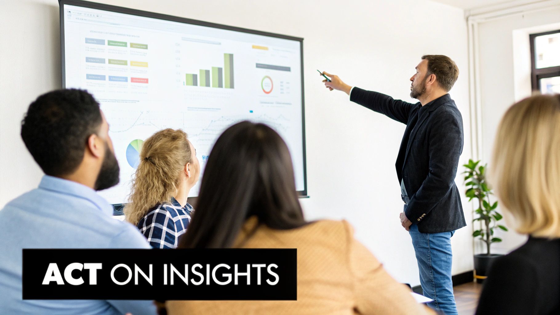 A man in a suit points to a projector screen displaying business charts and data during a presentation to an audience.