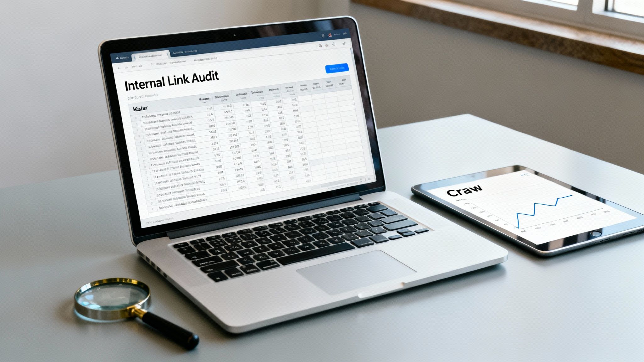 A laptop displaying an 'Internal Link Audit' report, a tablet with a 'Crawl' graph, and a magnifying glass on a desk.