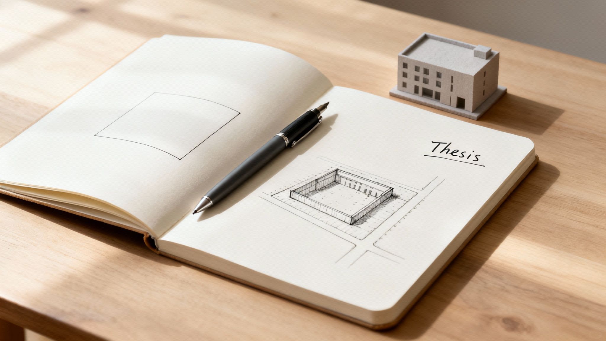 An open notebook with architectural sketches, a pen, and a building model on a wooden desk.
