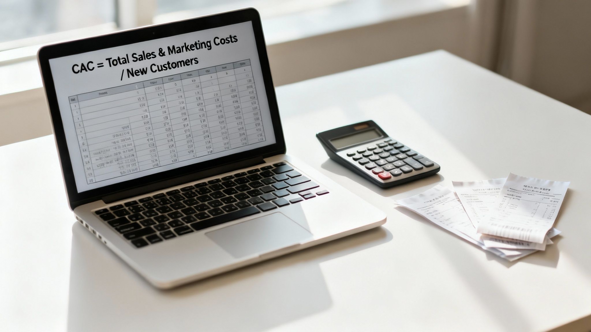 A laptop displays a customer acquisition cost (CAC) formula on a spreadsheet, alongside a calculator and receipts on a desk.