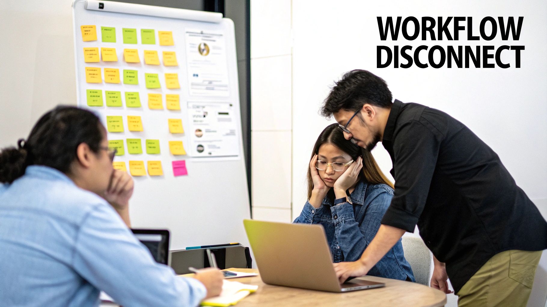 Team members discuss a workflow issue in an office, with one person looking stressed at a laptop.