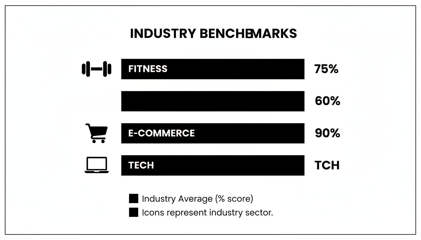 Infographic displaying industry benchmarks for fitness, e-commerce, and tech with percentage scores.