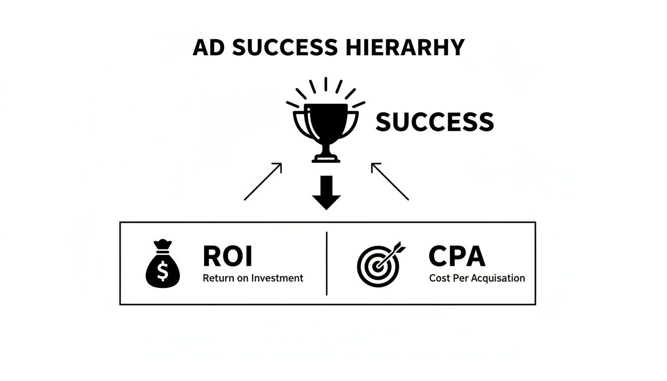 Diagram illustrating Ad Success Hierarchy, with Return on Investment and Cost Per Acquisition driving overall Success.