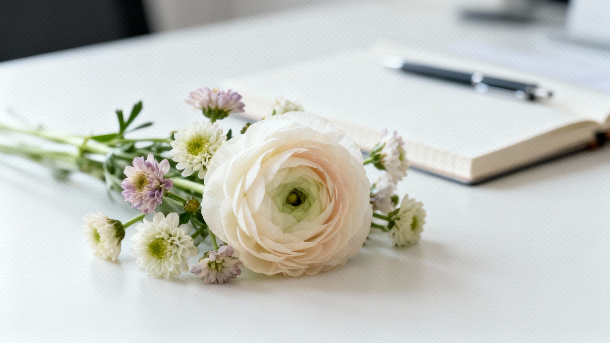 A delicate white ranunculus and small purple flowers lie on a white desk with a blurred notebook and pen.
