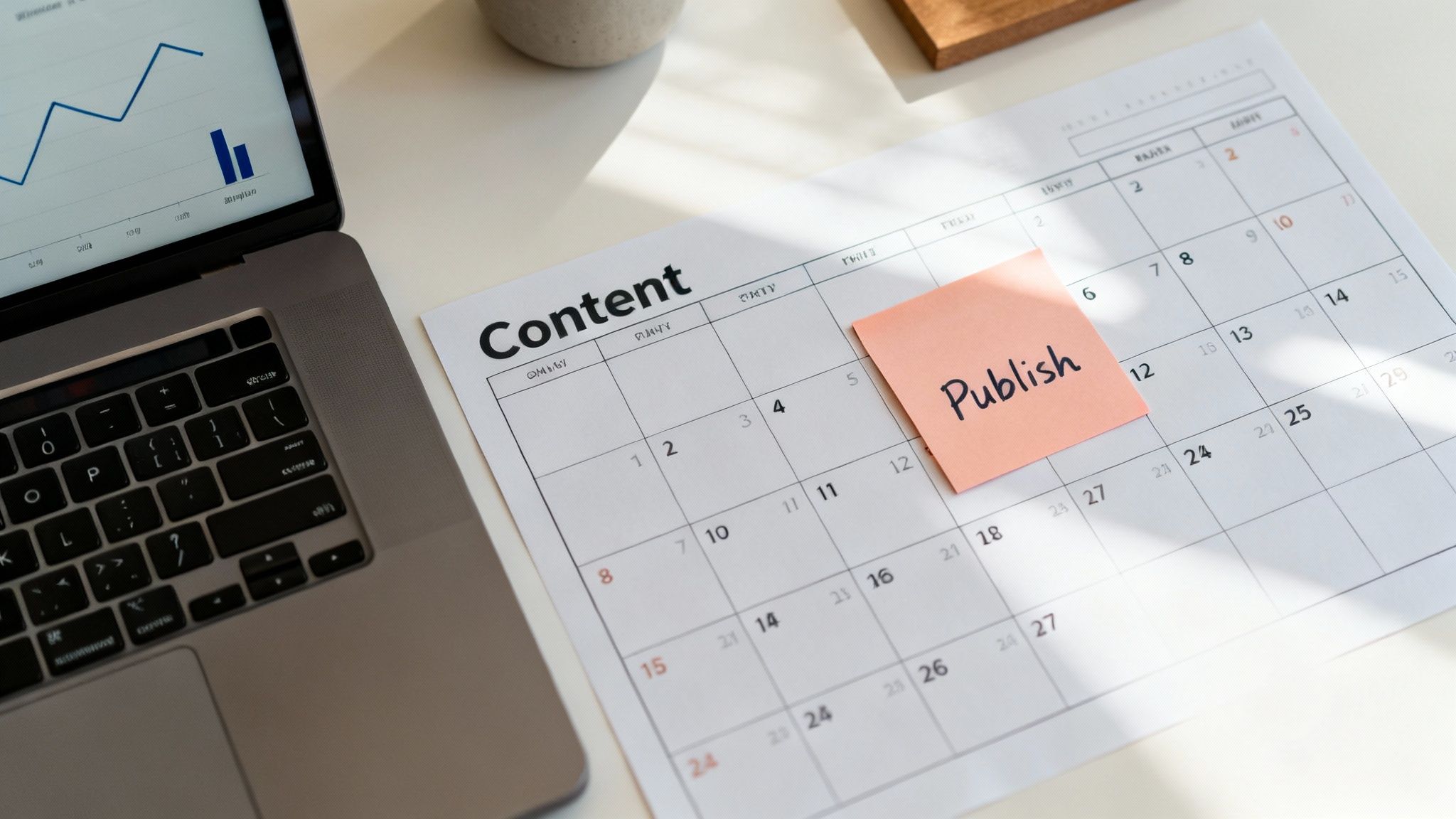 A laptop displaying a graph next to a content calendar with a 'Publish' sticky note, suggesting content strategy.