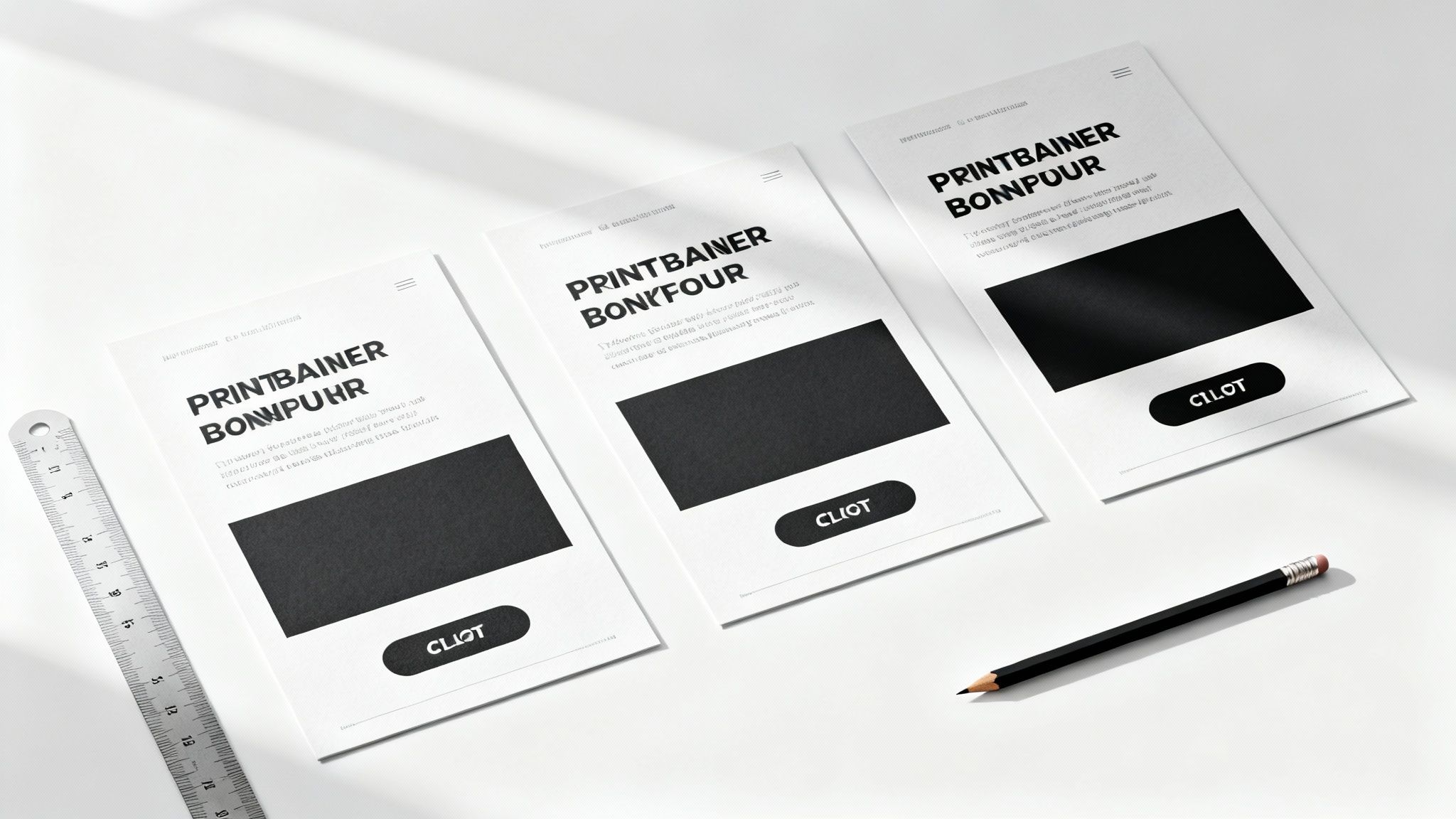 Three white papers featuring minimalist banner ad designs, a ruler, and a pencil on a bright surface.