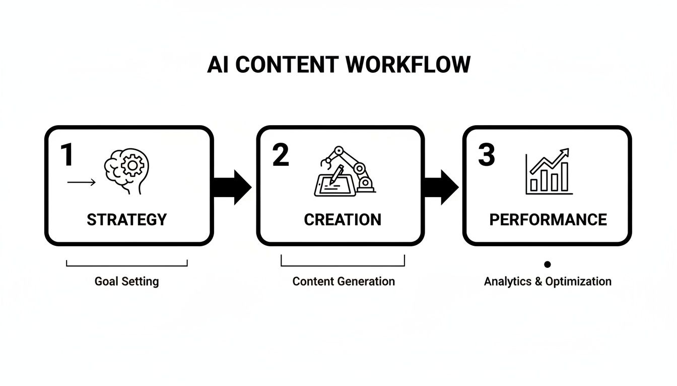 A three-step AI content workflow diagram showing Strategy, Creation, and Performance stages.