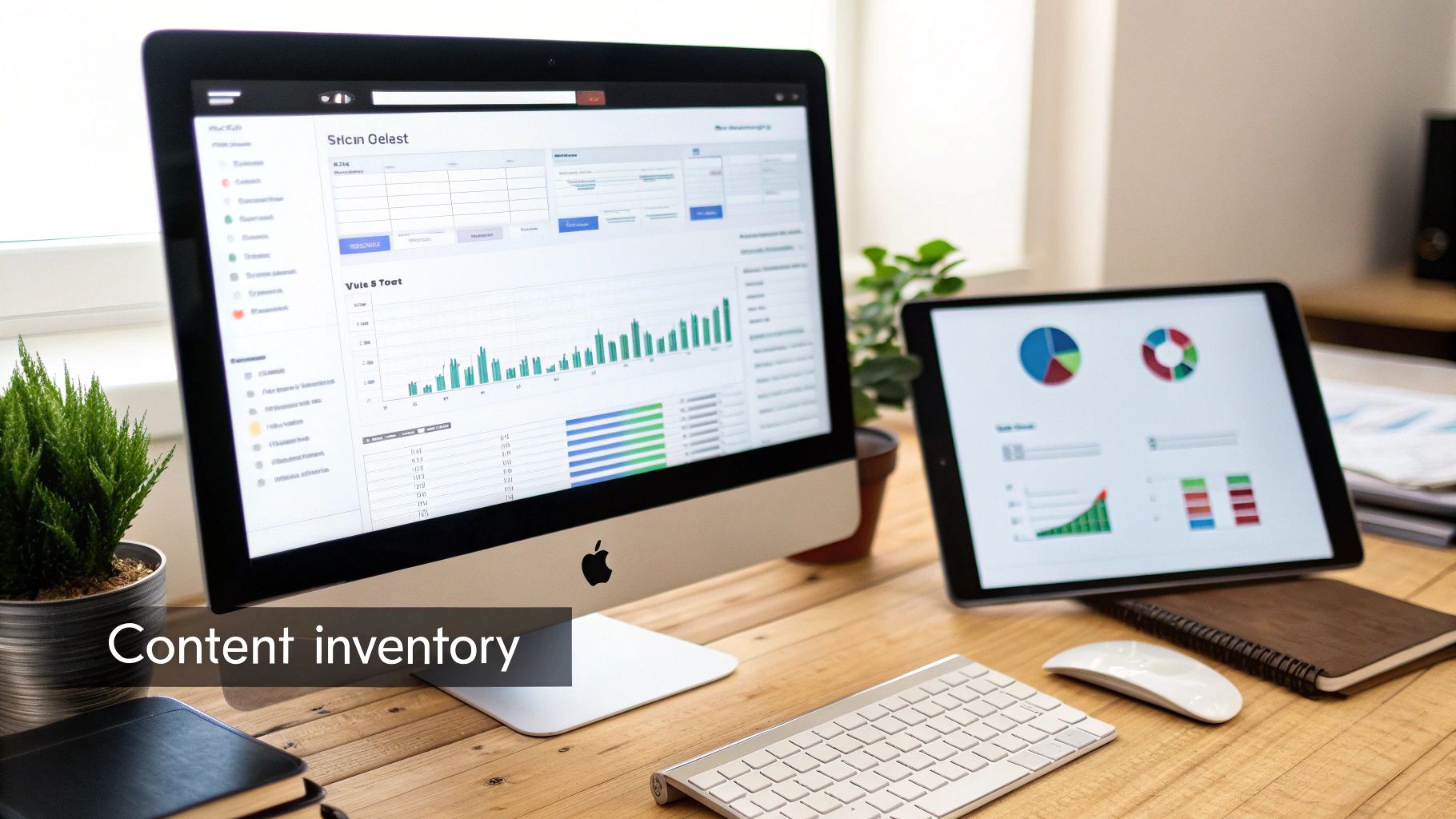 A desk setup with a computer and tablet displaying content inventory data, charts, and graphs.