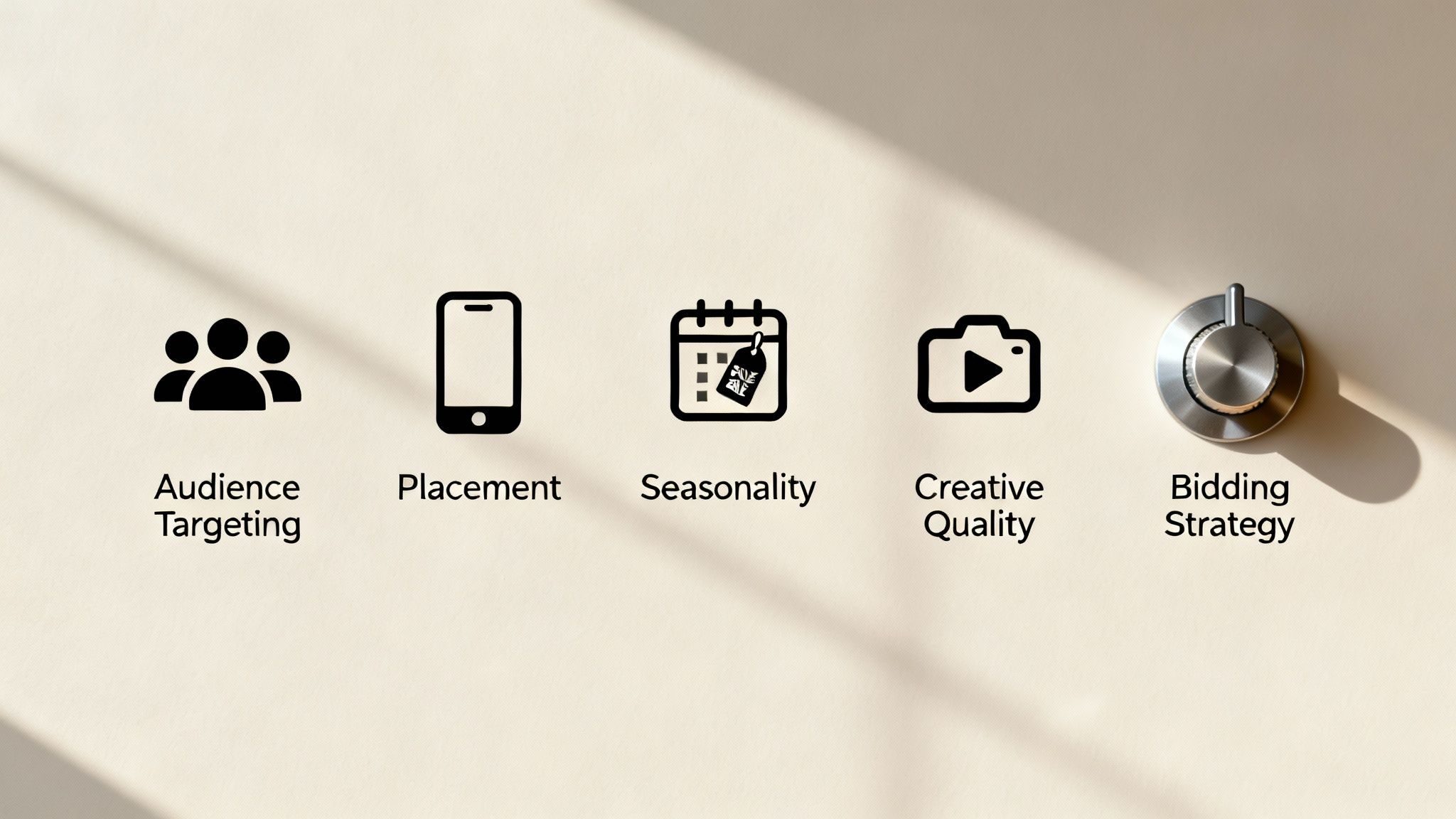Five digital advertising factors: audience targeting, placement, seasonality, creative quality, and bidding strategy knob.