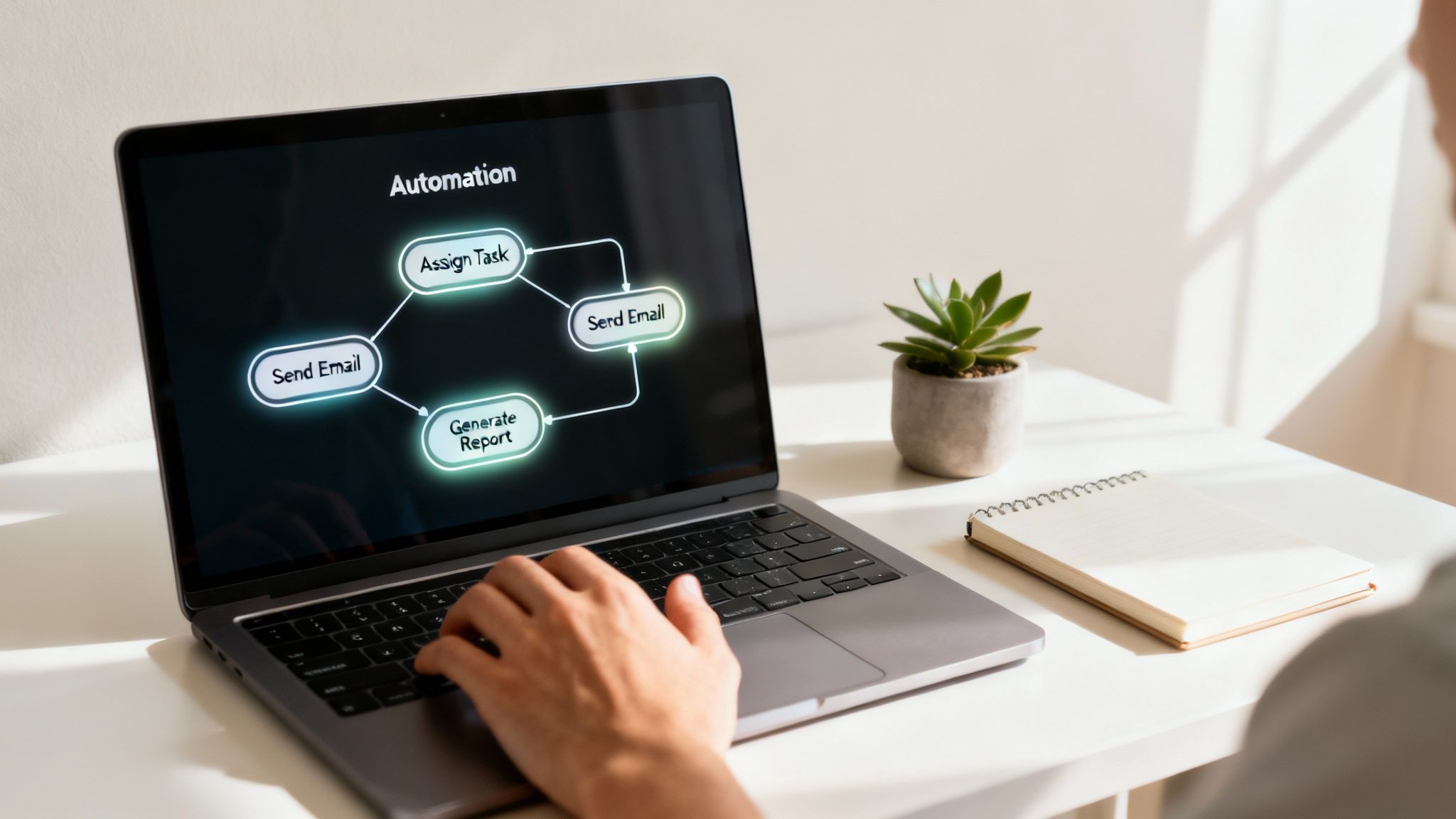 A series of interconnected gears and nodes lighting up, symbolizing an automated marketing workflow.