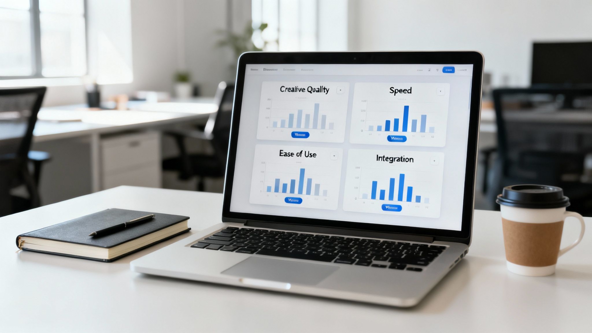 A laptop displaying data analytics dashboards on a white desk with a notebook and coffee cup in a modern office.