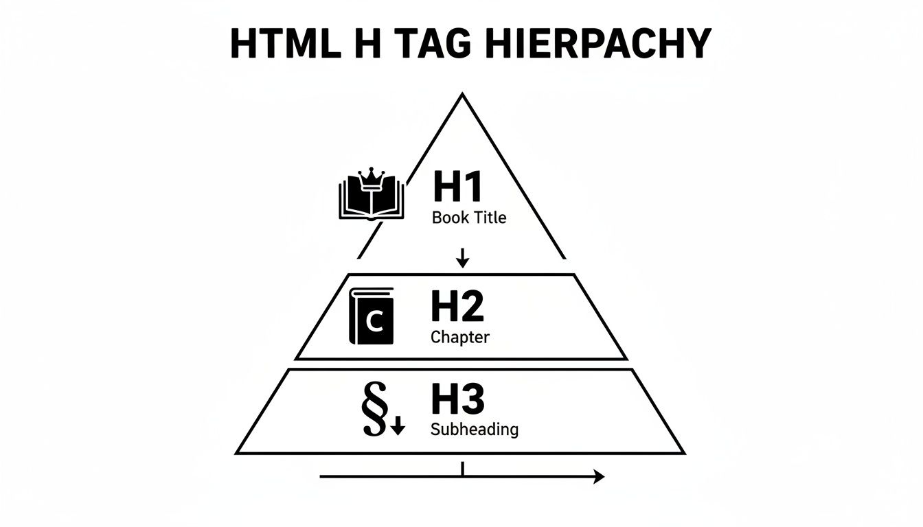 HTML heading tag hierarchy diagram illustrating H1 (Book Title), H2 (Chapter), and H3 (Subheading) structure.