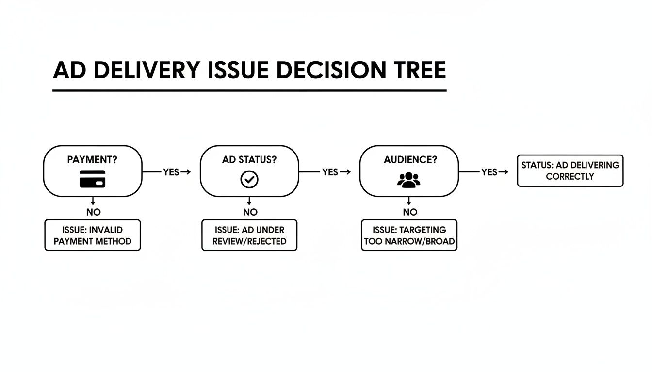 Decision tree flowchart illustrating steps to diagnose ad delivery issues based on payment, ad status, and audience.
