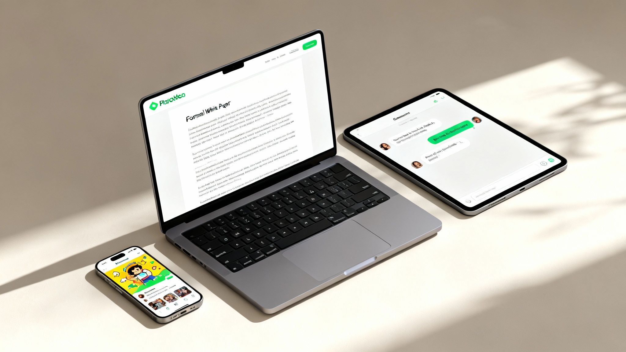 Laptop, tablet, and smartphone showcasing various digital applications on a modern workspace.