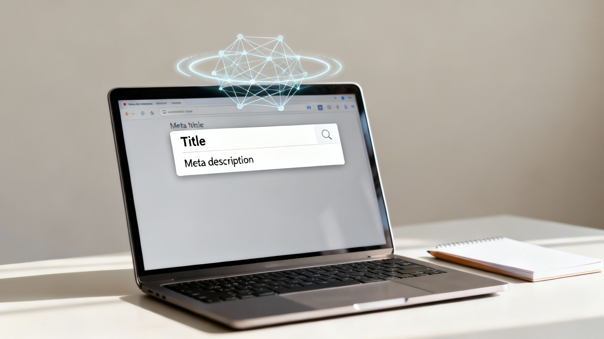 A laptop displaying meta title and description fields, with a glowing network graphic floating above it.