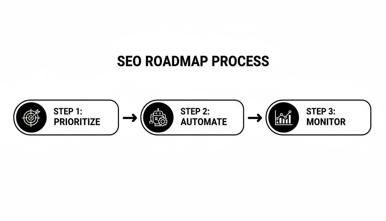 A three-step SEO roadmap process diagram illustrating prioritize, automate, and monitor stages with icons.