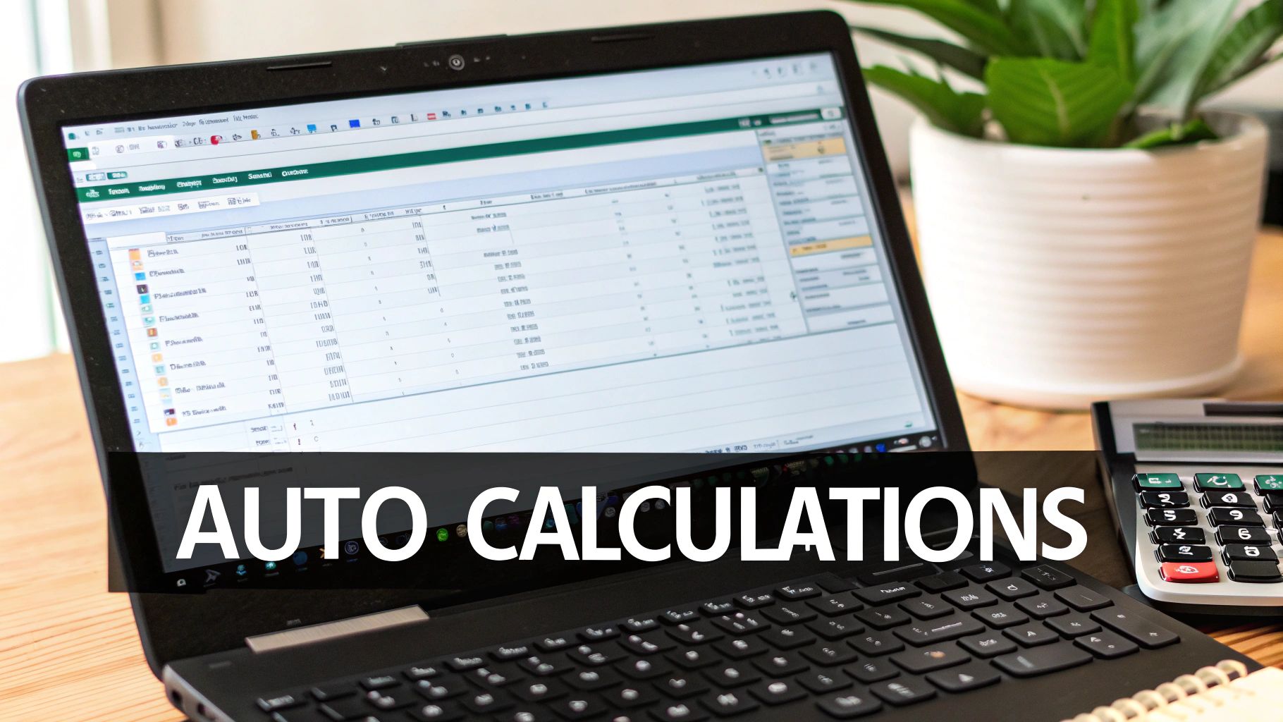 A laptop screen displays an auto-calculating spreadsheet, with a calculator and a plant on a wooden desk.