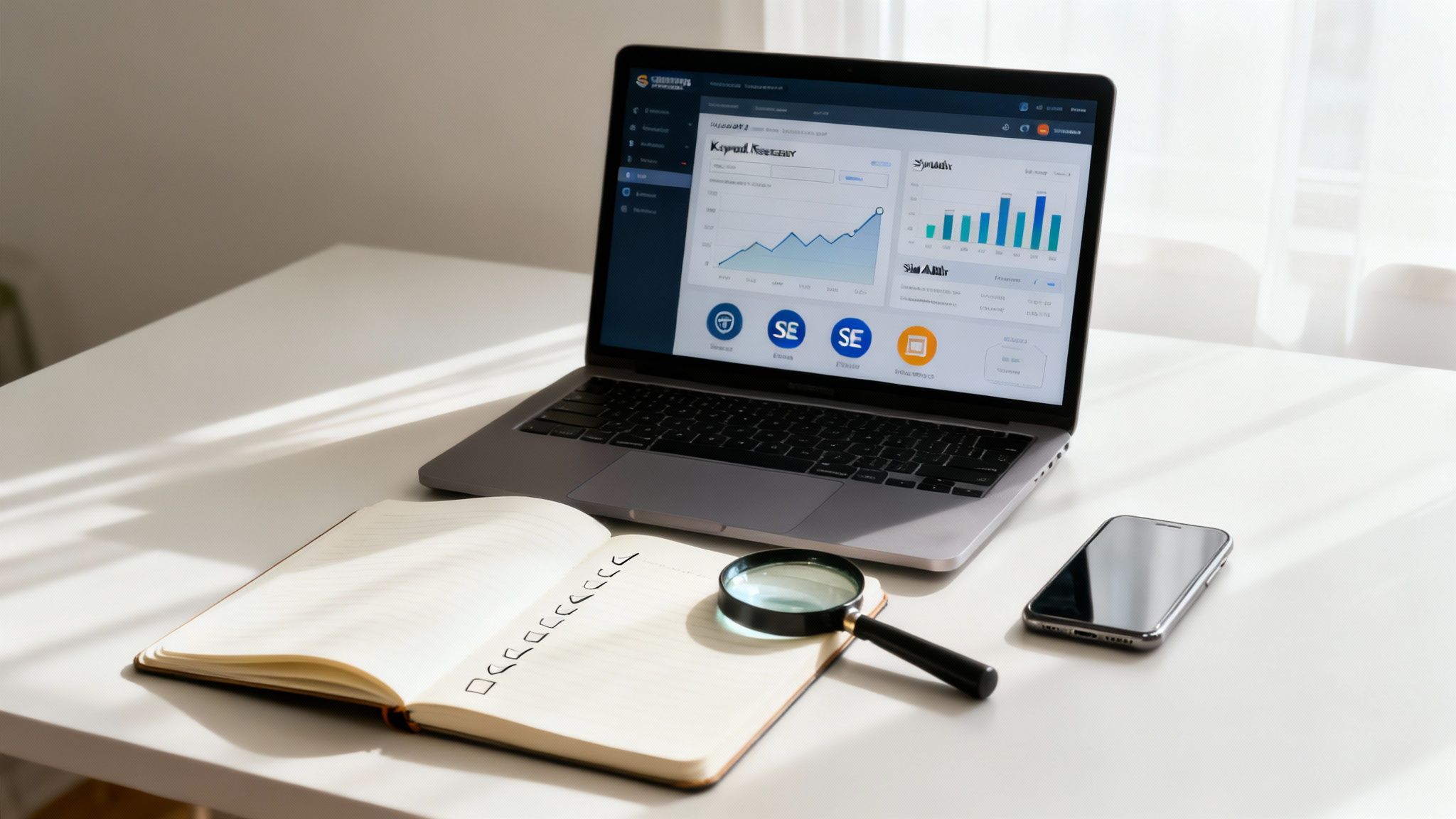 A laptop displaying an SEO analysis dashboard, an open notebook with a checklist, and a magnifying glass on a white desk.