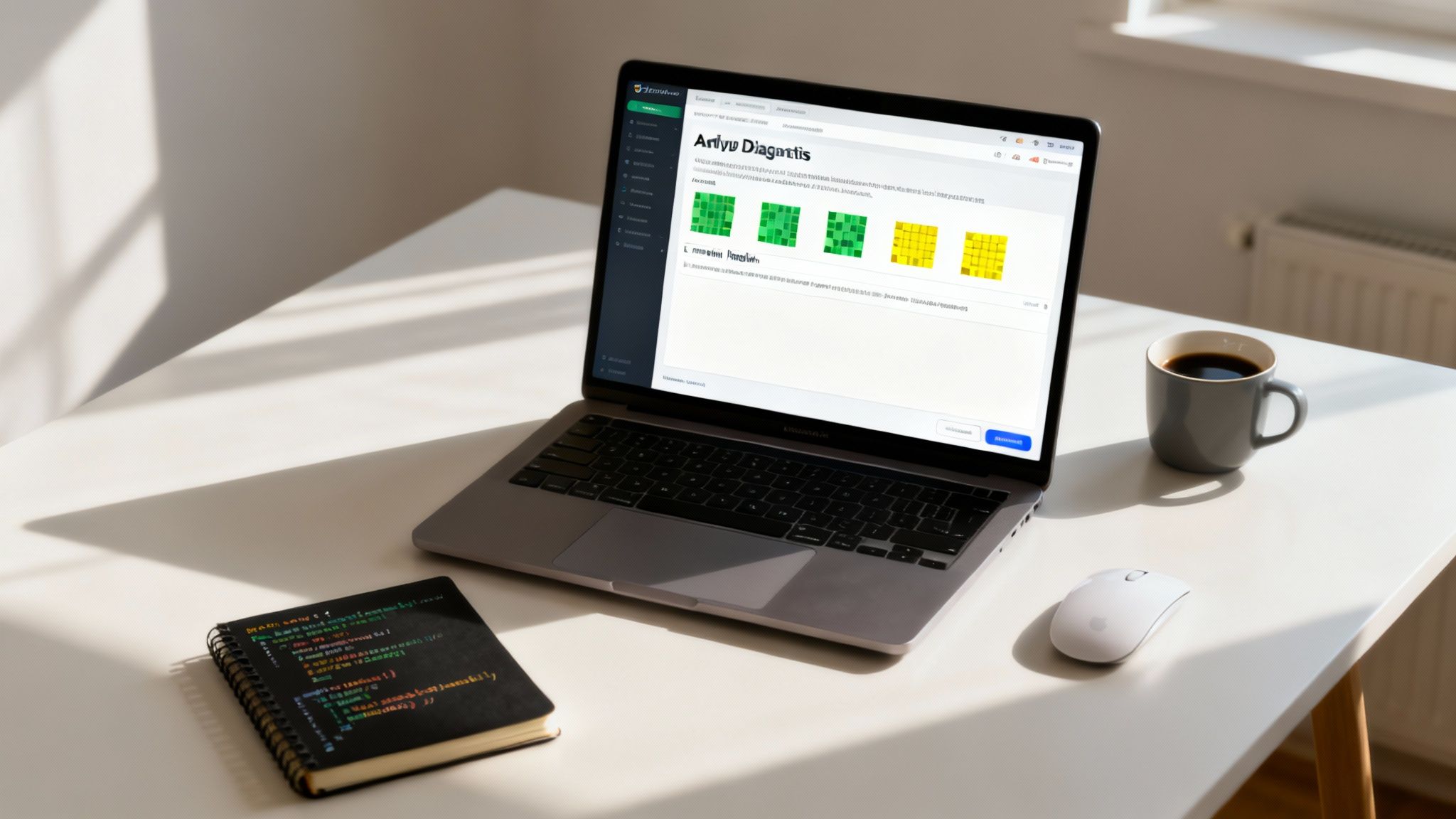 A laptop on a white desk displays a website with green and yellow squares, next to a coffee cup.