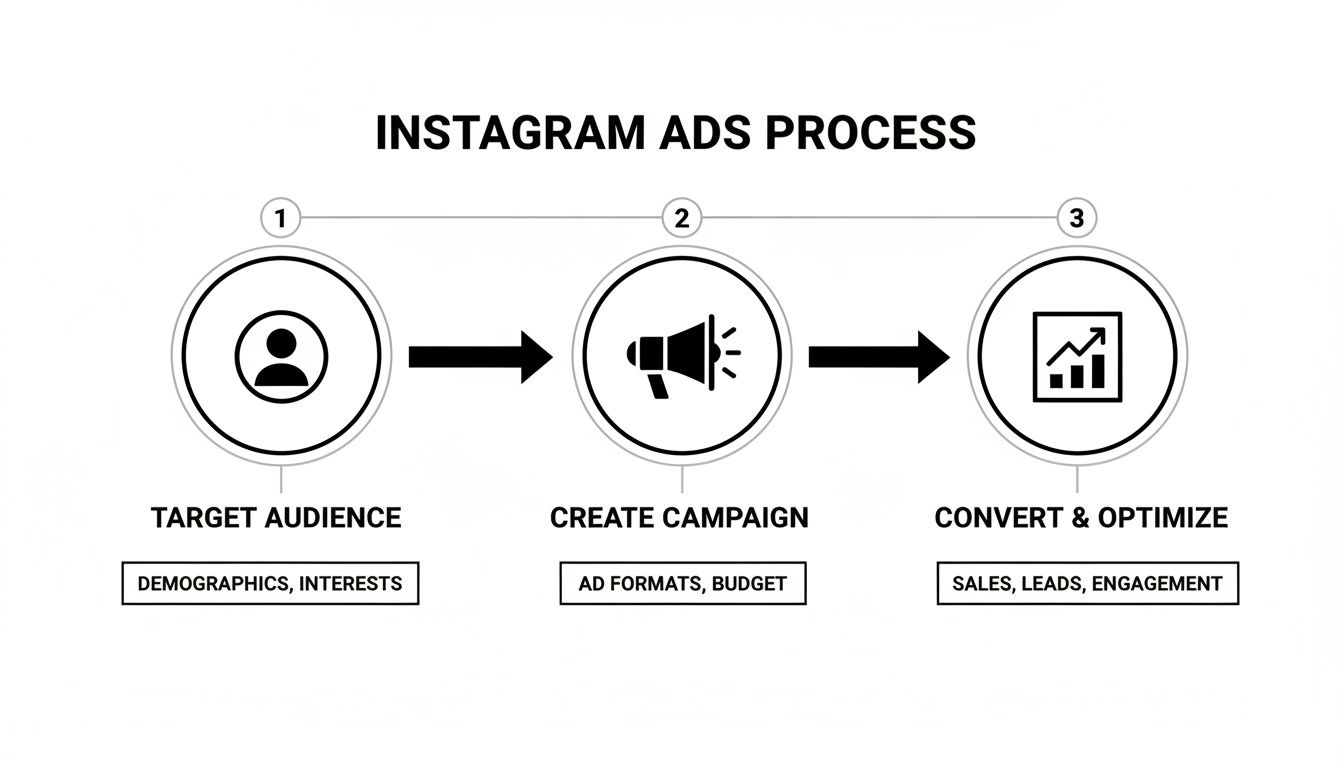 A flow chart illustrating the Instagram ads process, detailing steps from targeting audience to campaign creation and optimization for sales.