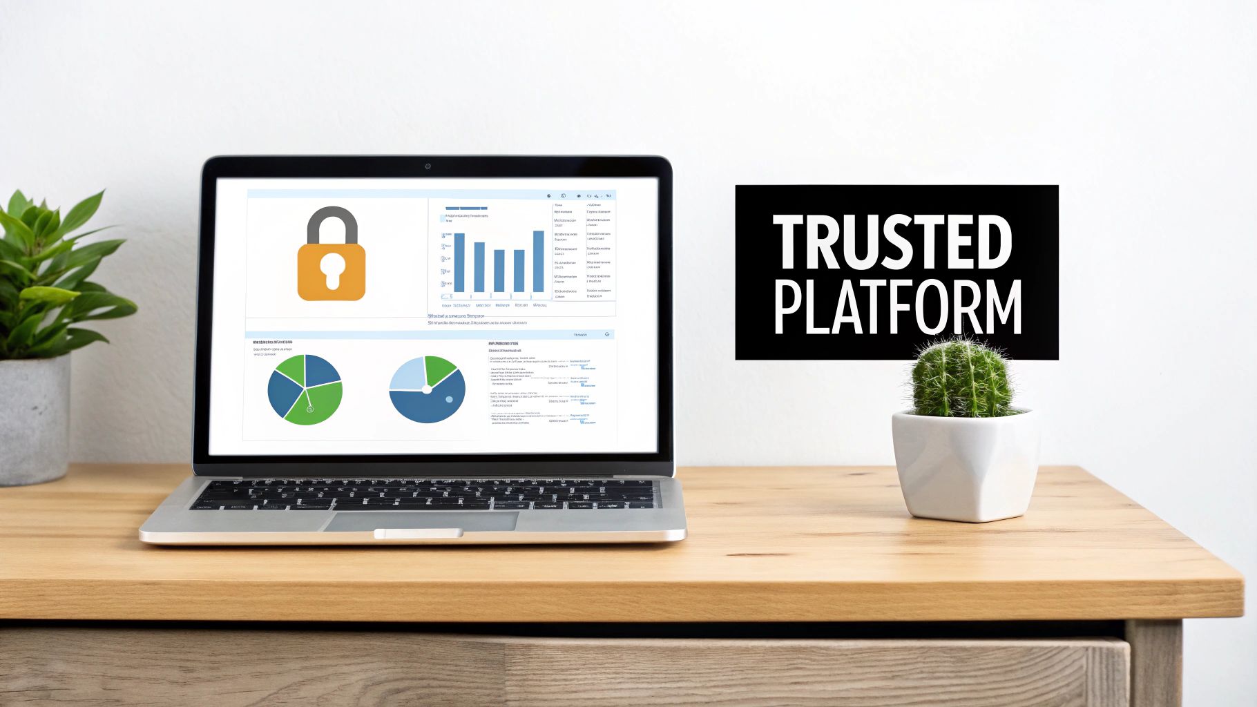 A laptop displaying a security dashboard with charts and a padlock icon, next to a 'TRUSTED PLATFORM' sign.