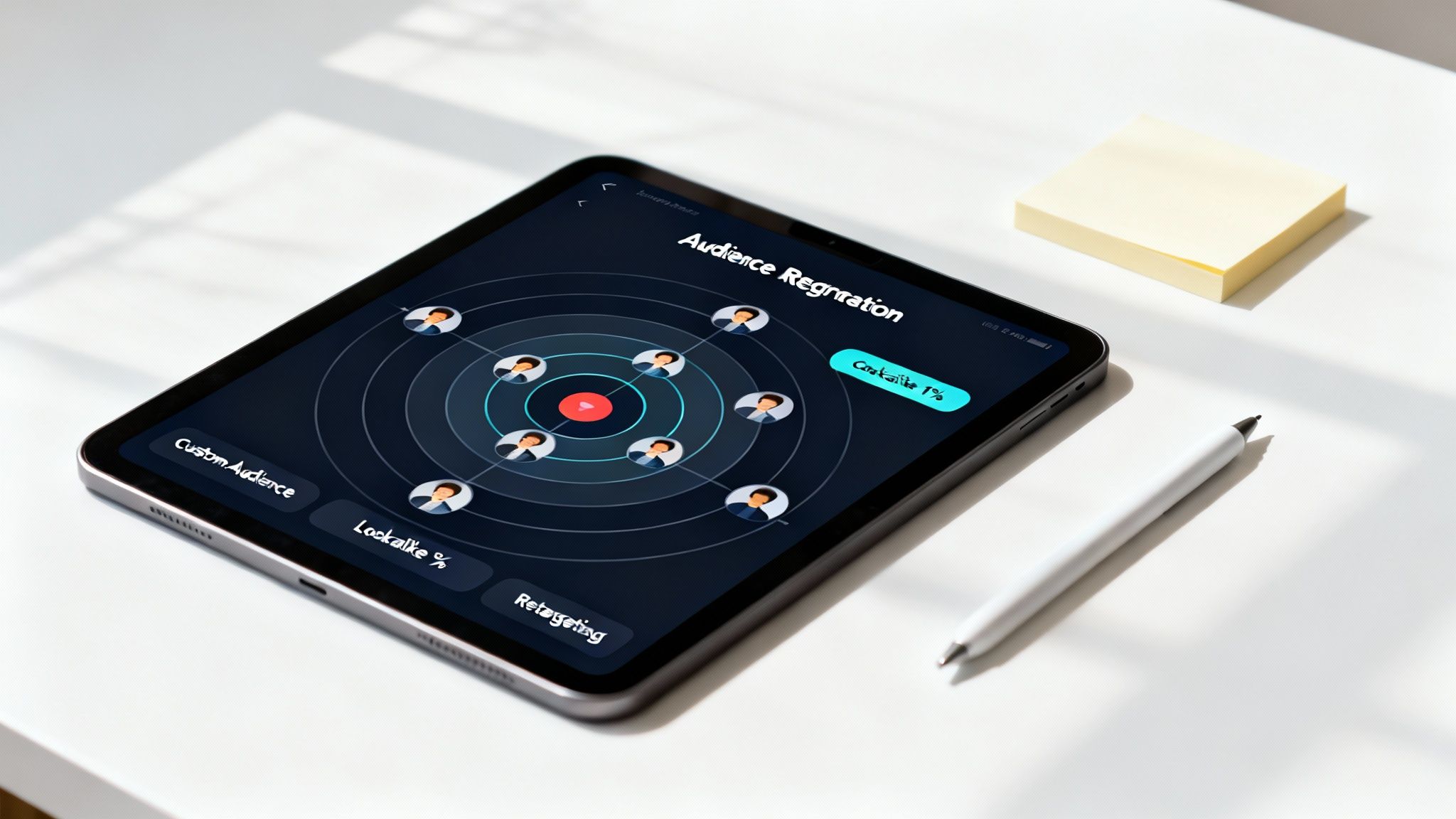 A tablet on a white desk displays an audience segmentation app with user profiles and targeting options.