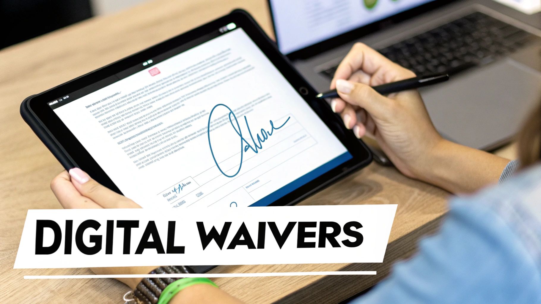 A person signs a digital waiver on a tablet using a stylus, with a laptop nearby.