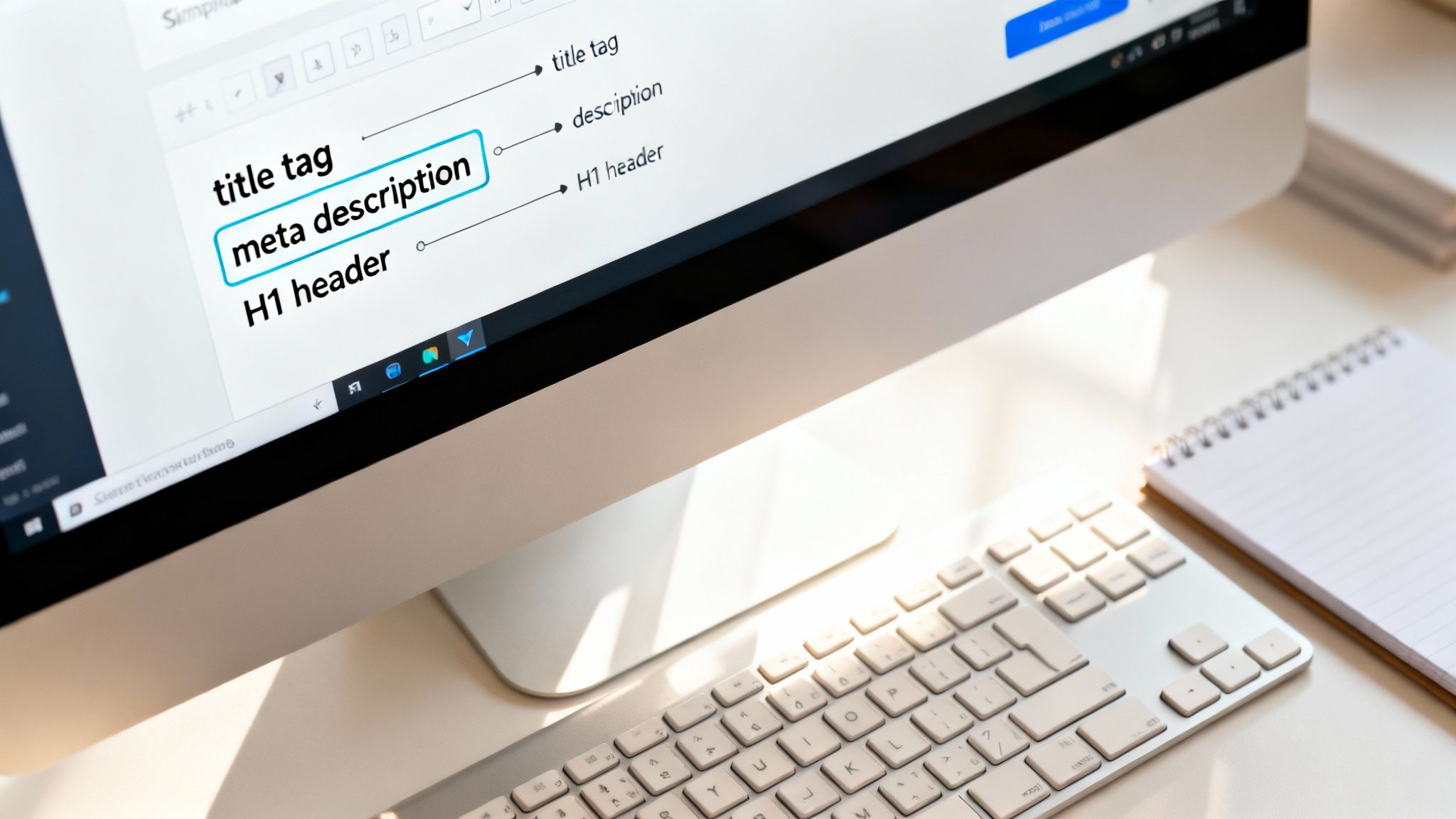 A computer screen displays an SEO checklist with 'title tag', 'meta description', and 'H1 header' highlighted.