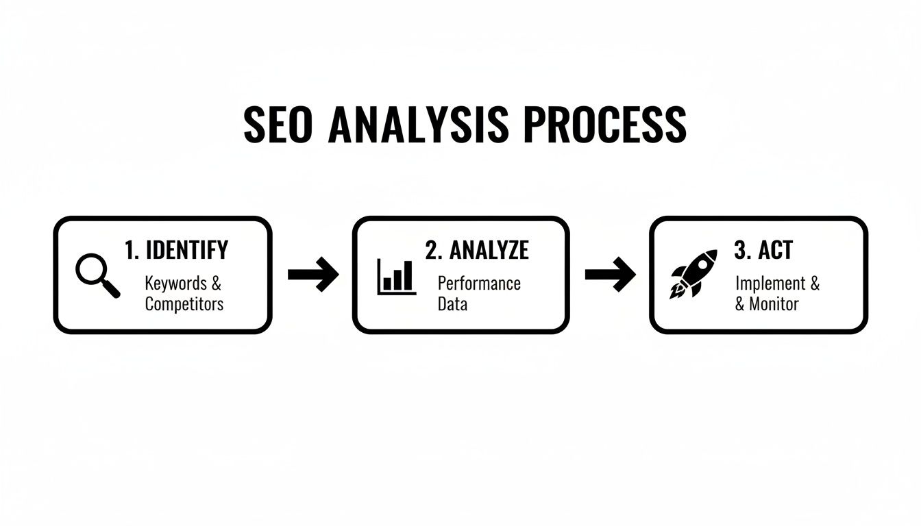 A three-step SEO analysis process diagram: Identify keywords, Analyze data, and Act to implement and monitor.