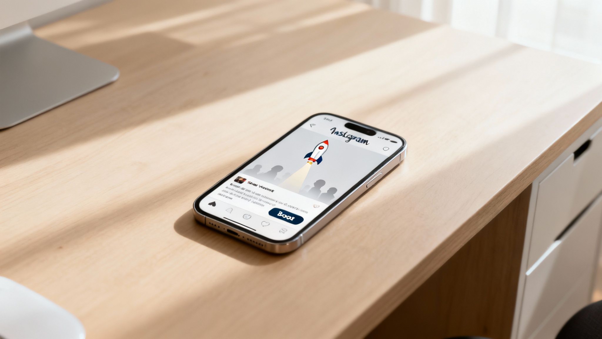 A smartphone on a wooden desk displays an Instagram post featuring a rocket icon and a 'Boost' button.