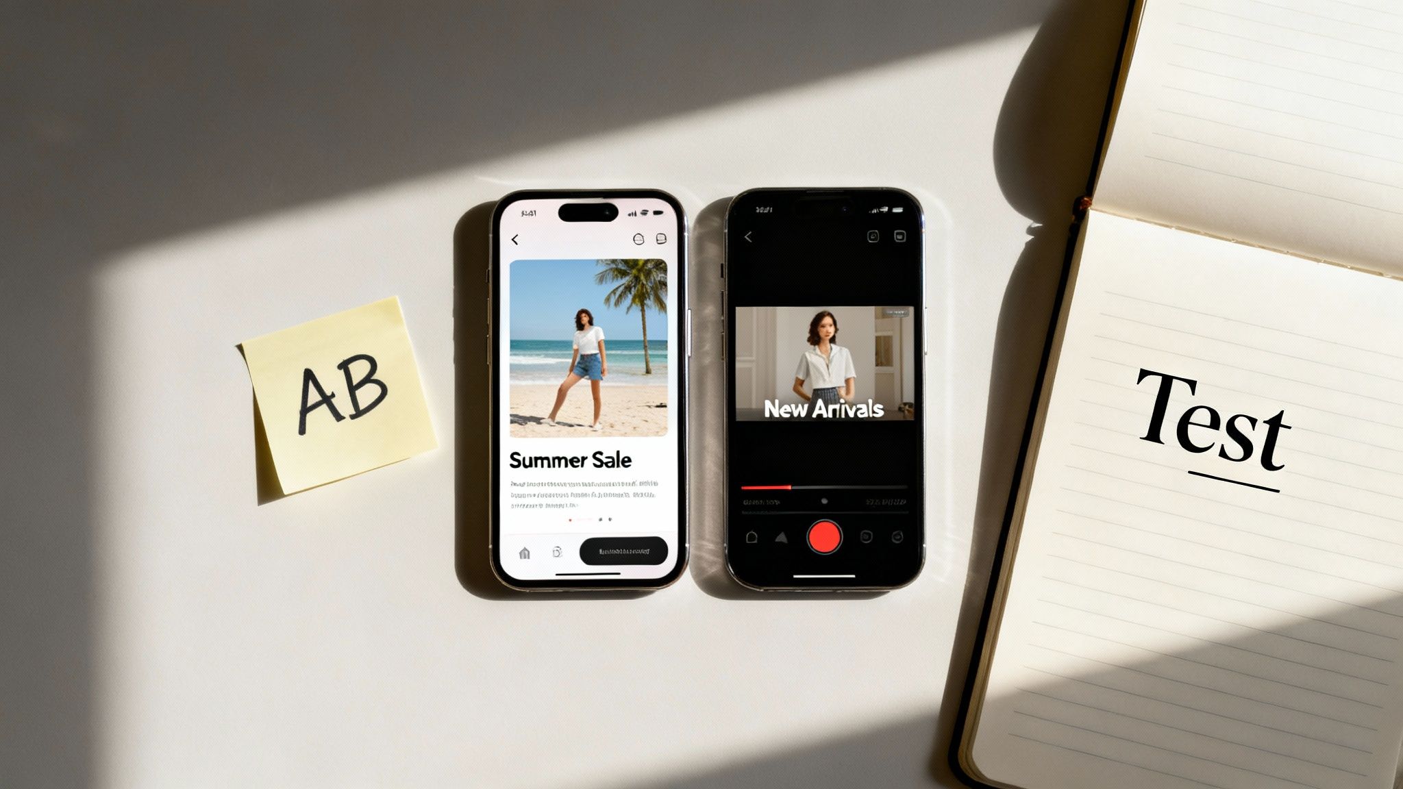 Two smartphones displaying marketing content next to an 'AB' sticky note and 'Test' notebook for optimization.