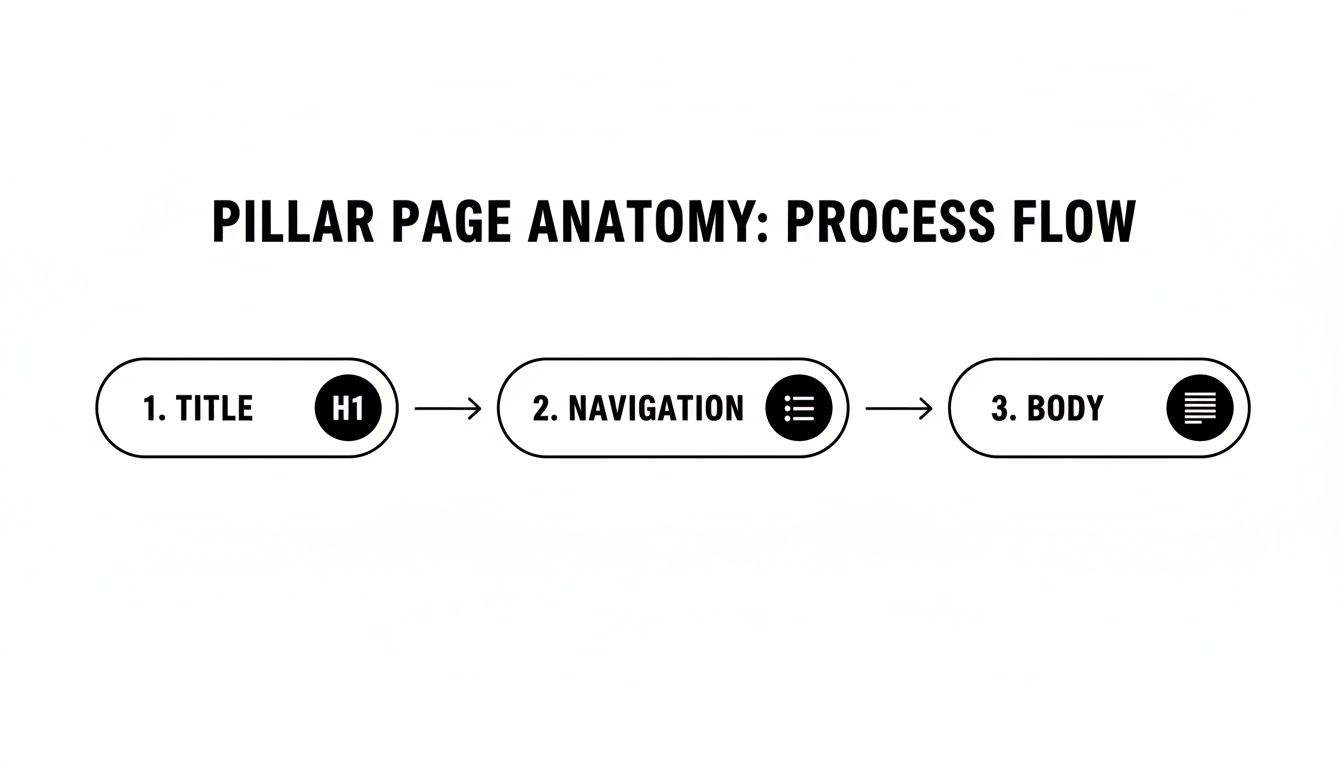 Process flow diagram showing pillar page anatomy: Title (H1), Navigation, and Body sections in sequence.
