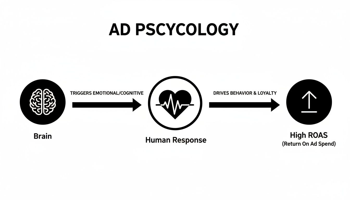 Flowchart illustrating advertising psychology: brain triggers human response leading to high ROAS.