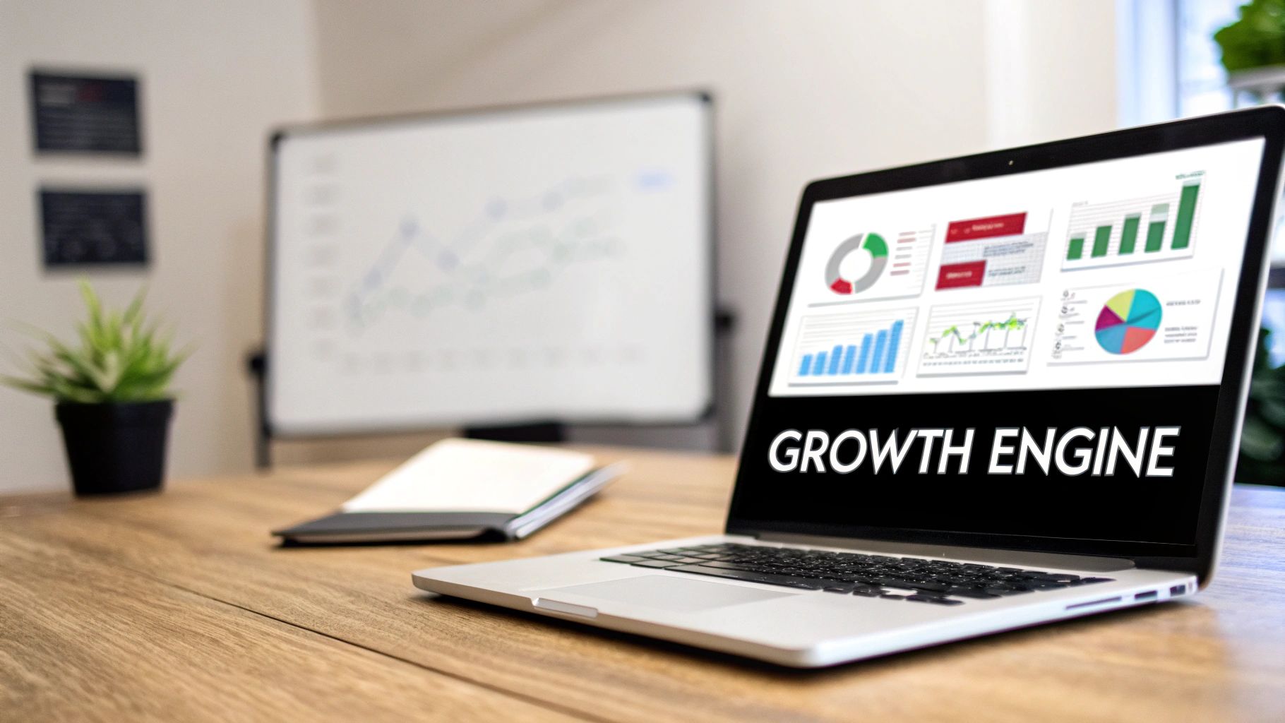 A laptop displays 'GROWTH ENGINE' and business analytics dashboards on a wooden desk with a whiteboard.