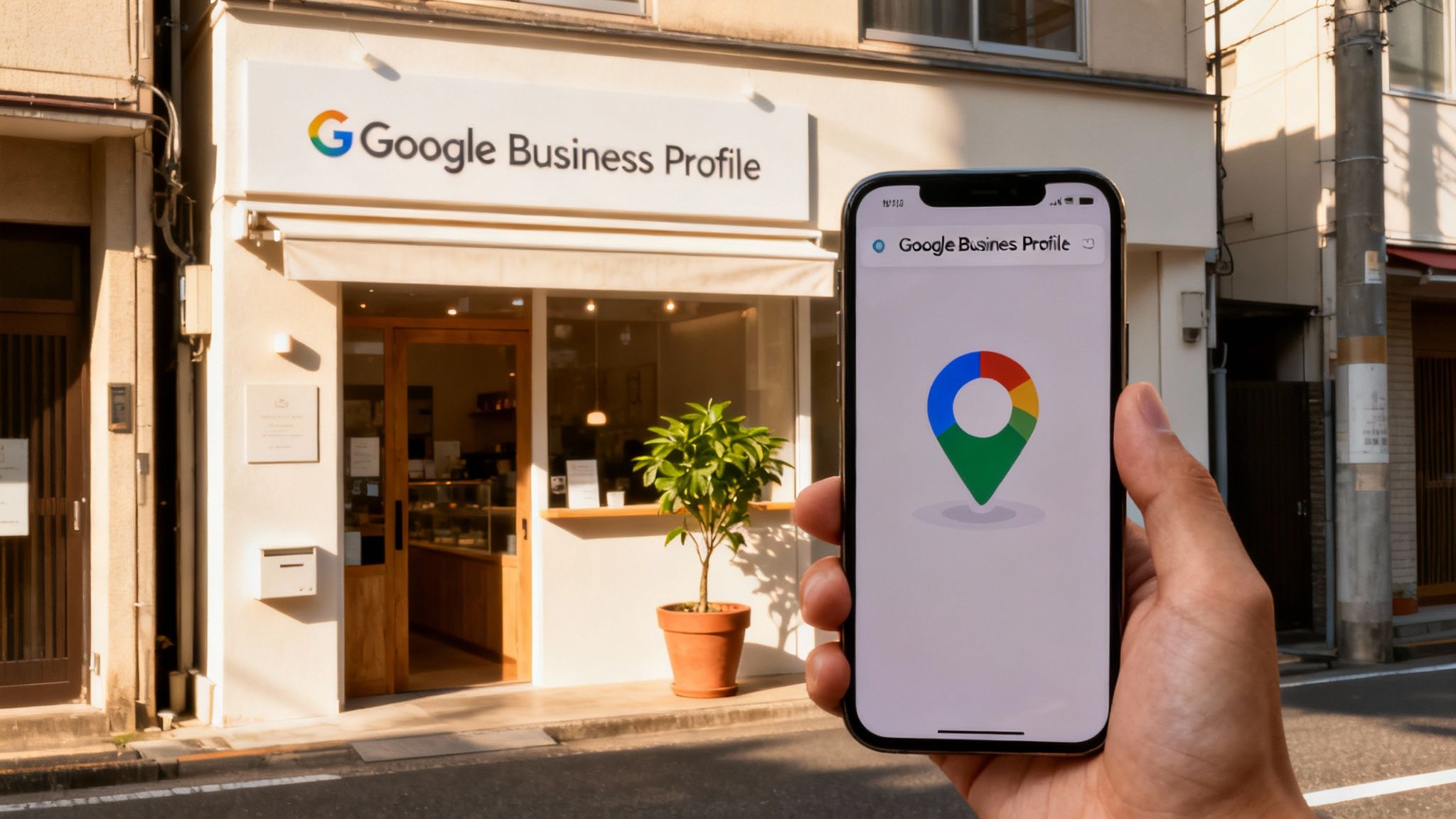 A person holds a smartphone displaying the Google Business Profile app in front of a matching storefront.