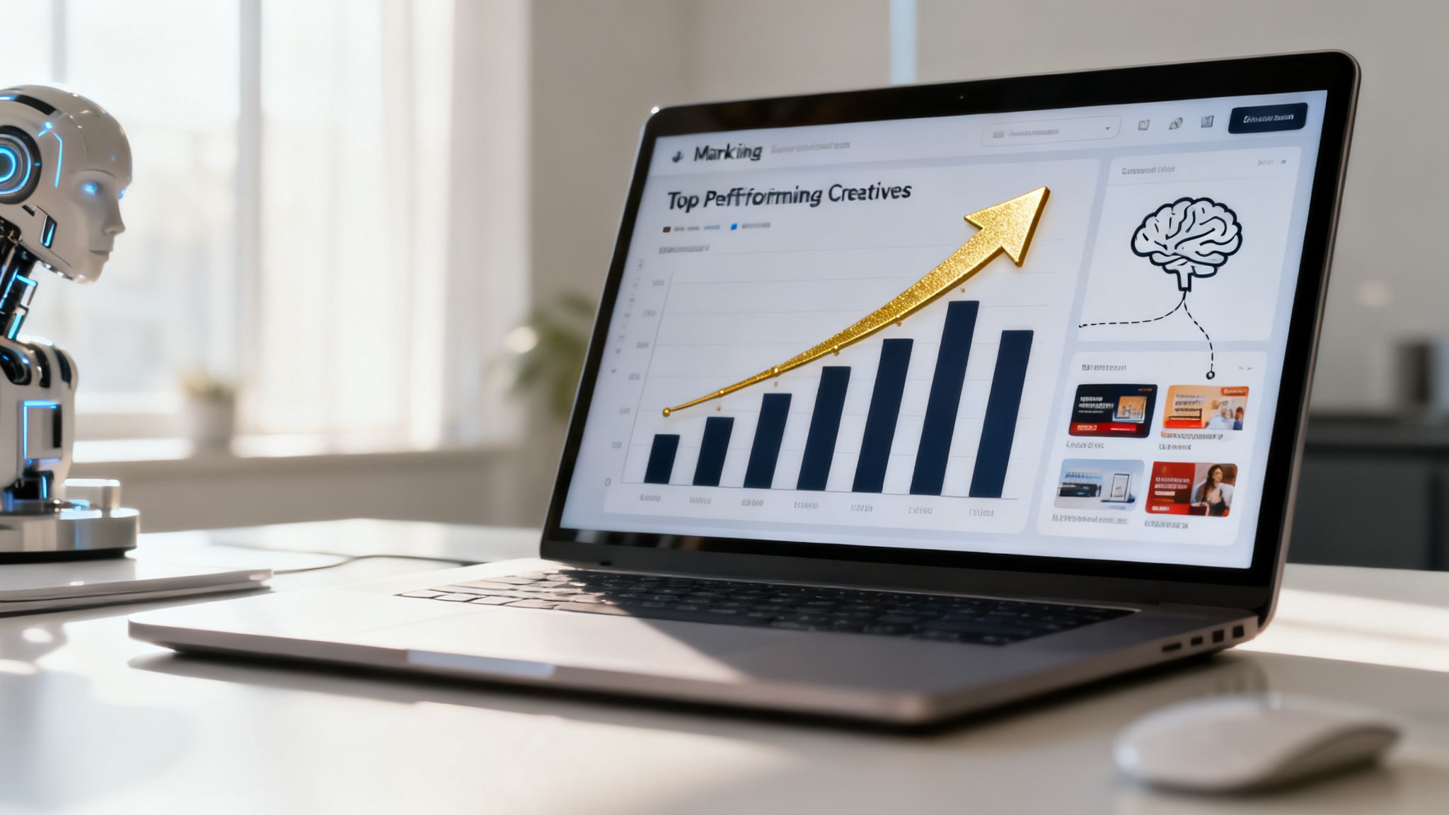 A robot next to a laptop displaying a marketing dashboard with a growth chart and creative insights.