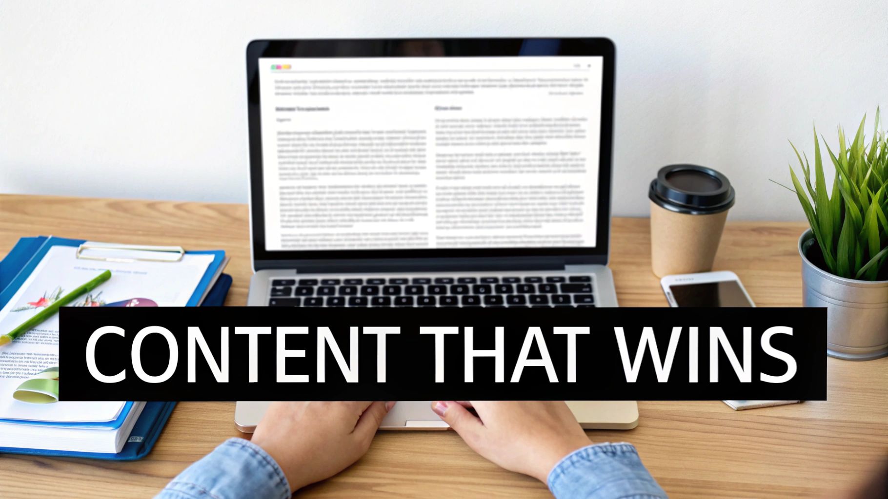 Person typing on a laptop with 'Content That Wins' overlay, coffee, phone, and plant on desk.