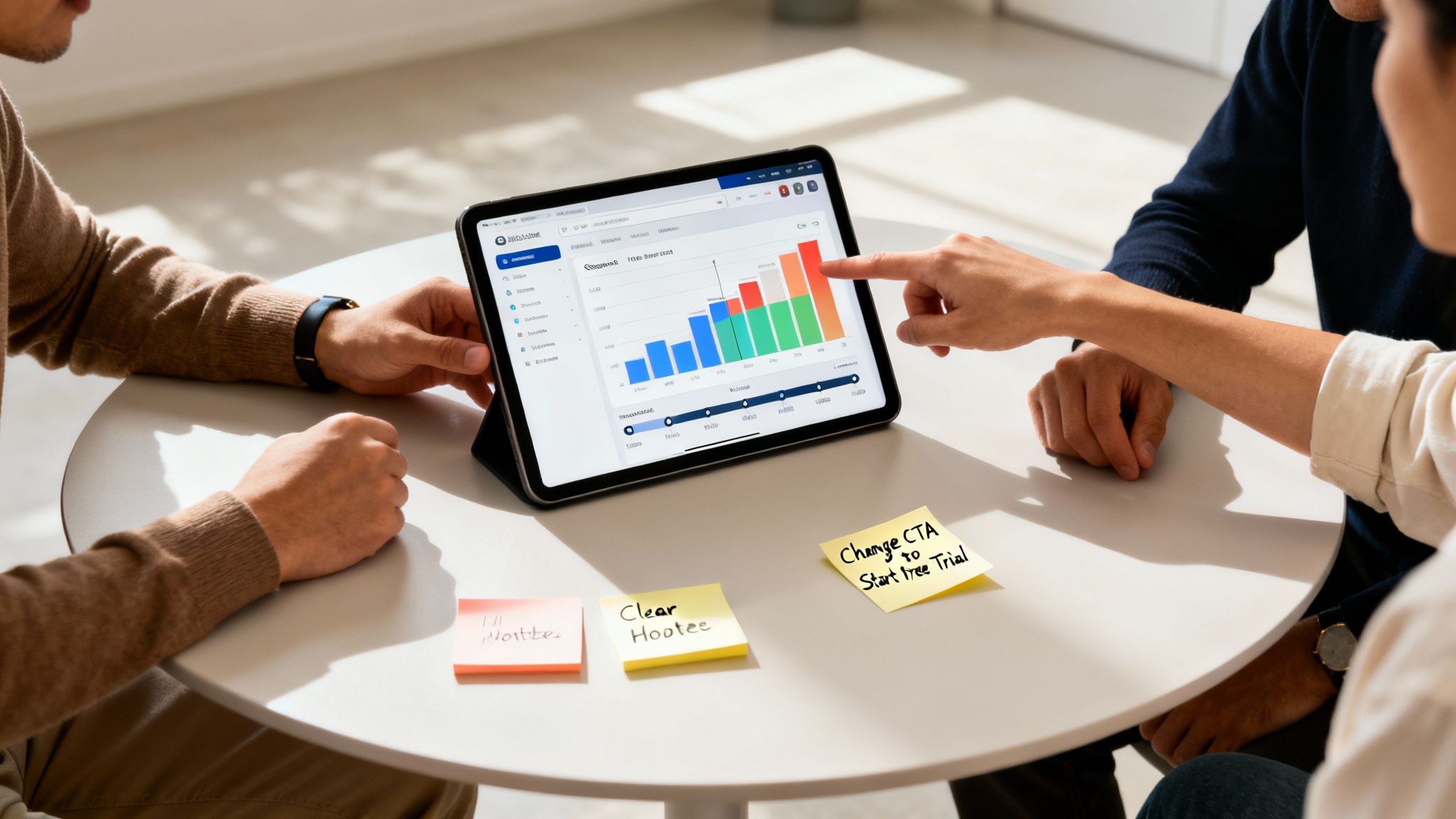 Three people discussing a bar chart on a tablet, with sticky notes for website conversion ideas.